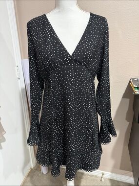 Le Lis Black Polka Dot V-Neck Long Sleeve Dress - S/M